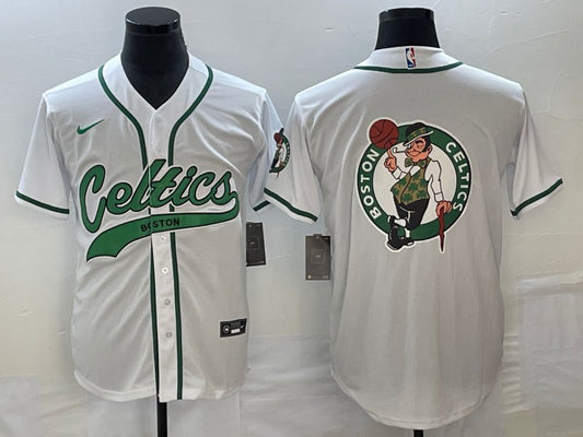 Men's Boston Celtics White Team Big Logo With Patch Stitched Baseball Jersey